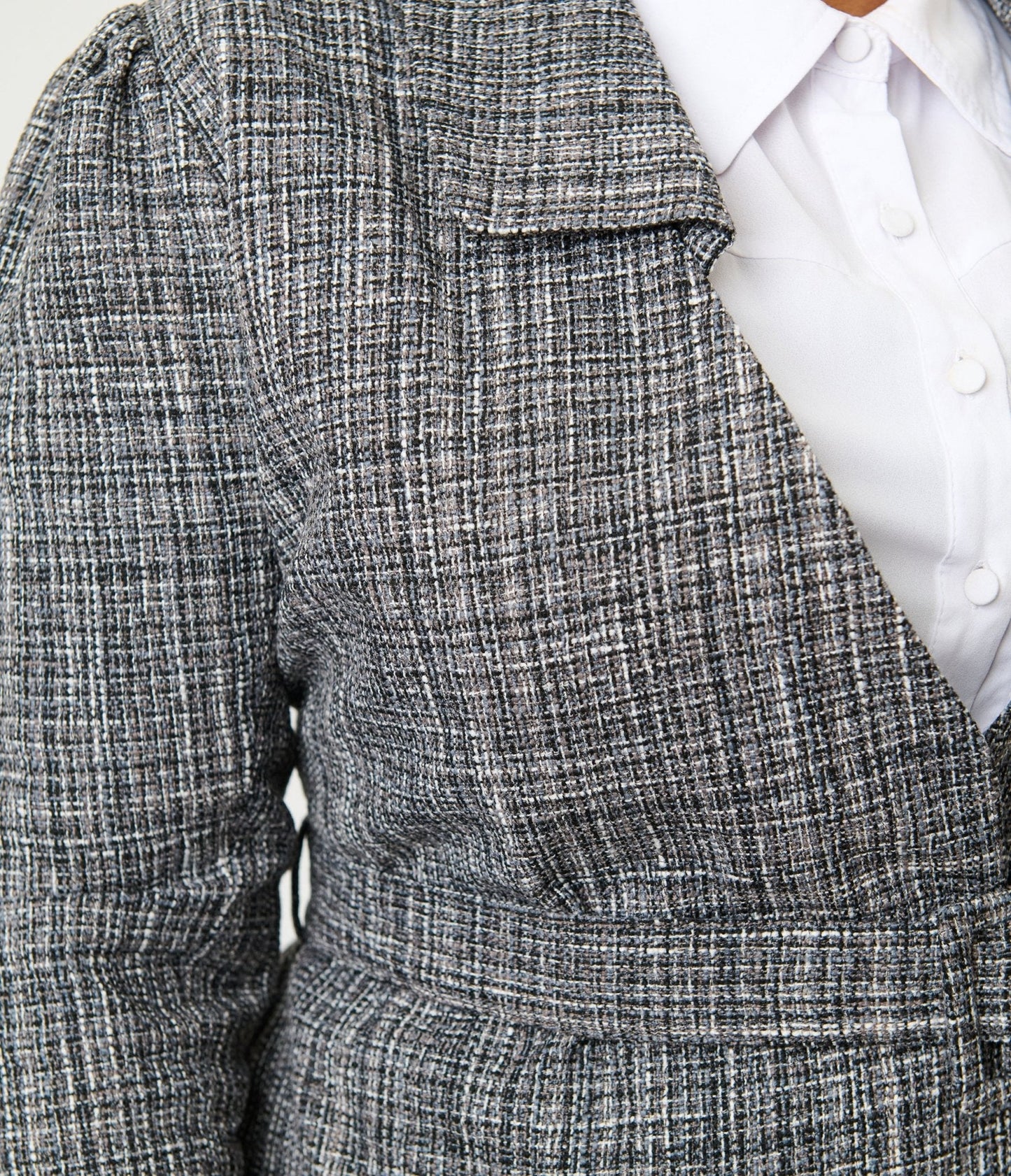 Unique Vintage Plus Size Grey Tweed Belted Shawl Collar Jacket