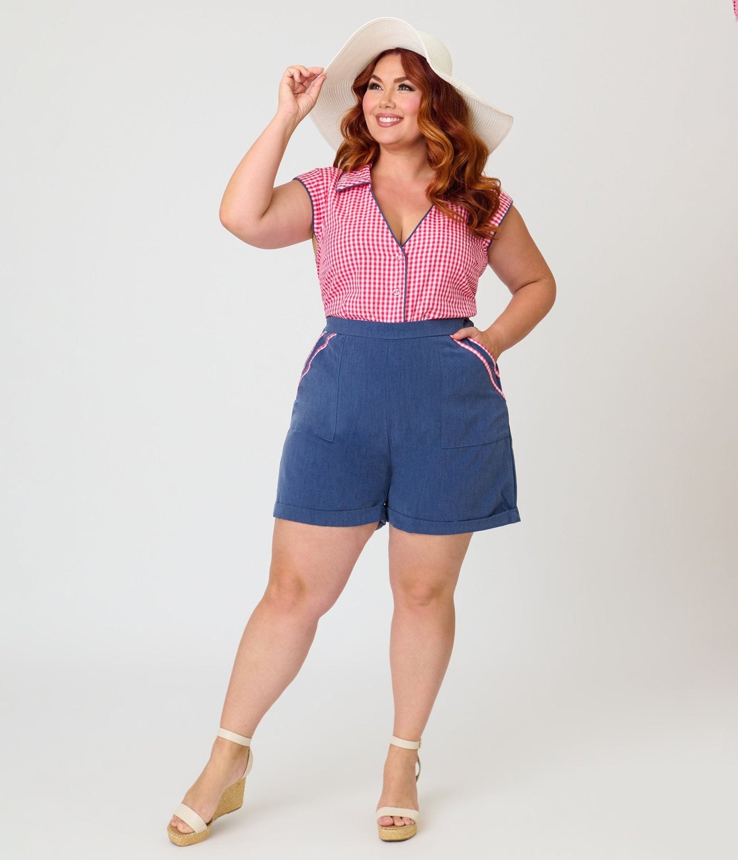 Unique Vintage Plus Size Hot Pink Gingham Cap Sleeve Top