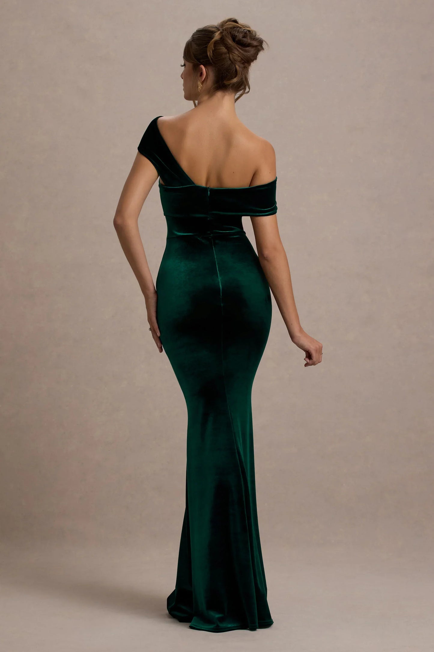 Candela Bottle Green Velvet Asymmetric Bardot Maxi Dress