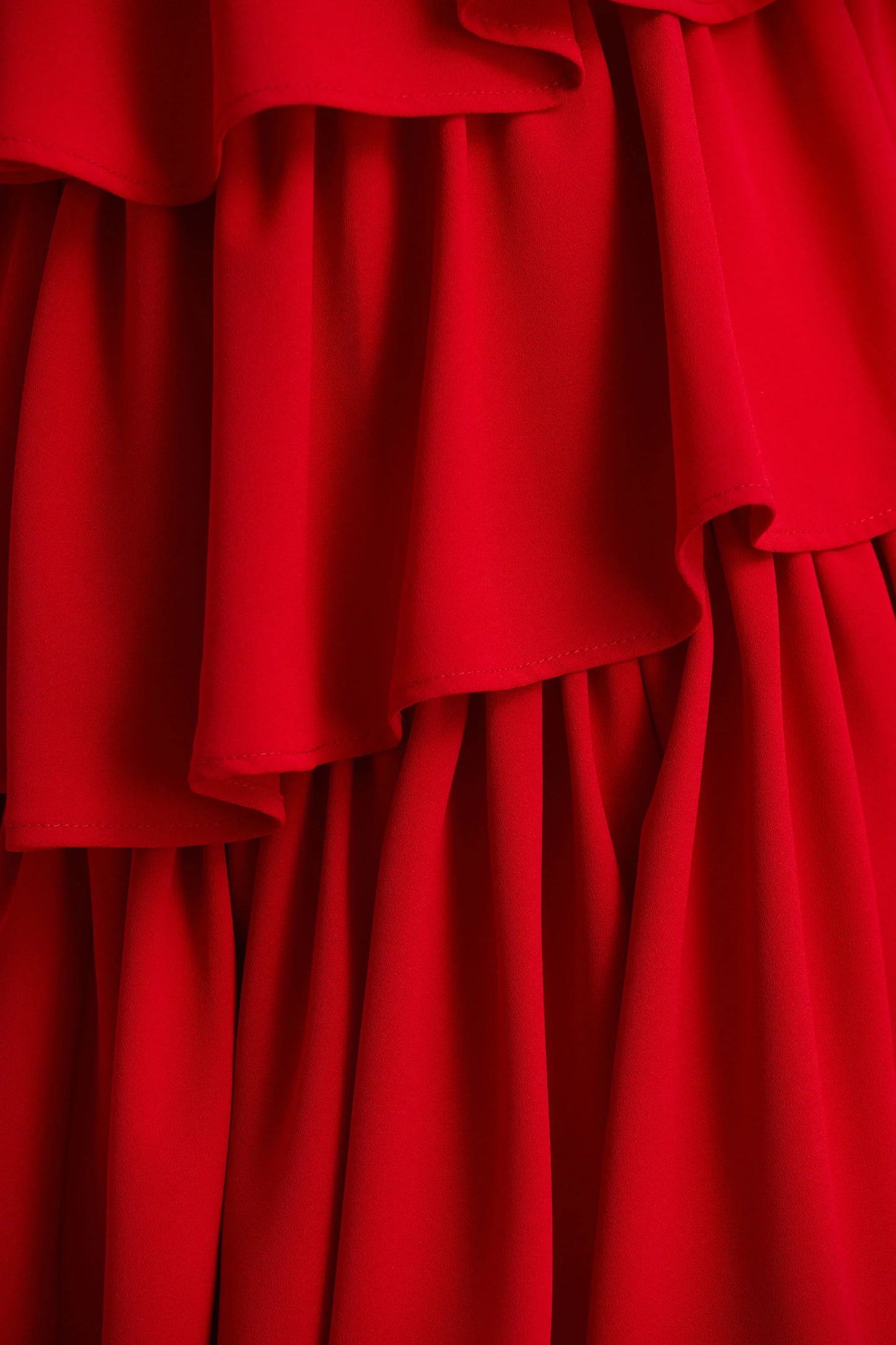 Bogota Red Plunge Neck Maxi Dress With Ruffling Details And Front High Split