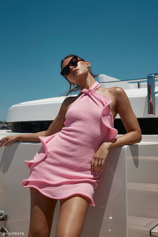 Caprice Halter Knit Mini Dress Bubblegum Pink