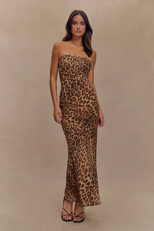 Breanna Strapless Chiffon Maxi Dress Leopard Print