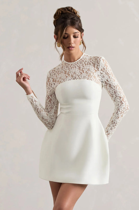 Birdie White Lace Long Sleeve Mini Dress