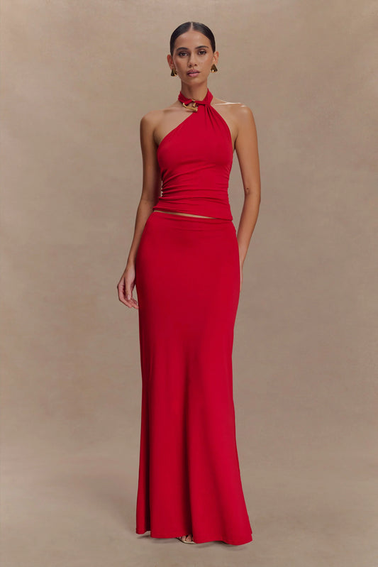 Bruna Slinky Fishtail Maxi Skirt Red