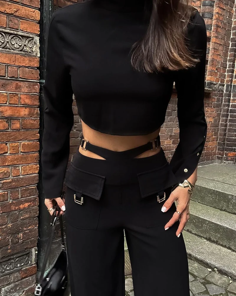 Solid Color Crossover Two-Piece Set With High Collar and Long Sleeves