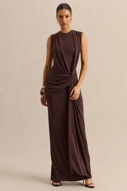 Blythia Brown Round Neck Maxi Dress With Gathered Detailing
