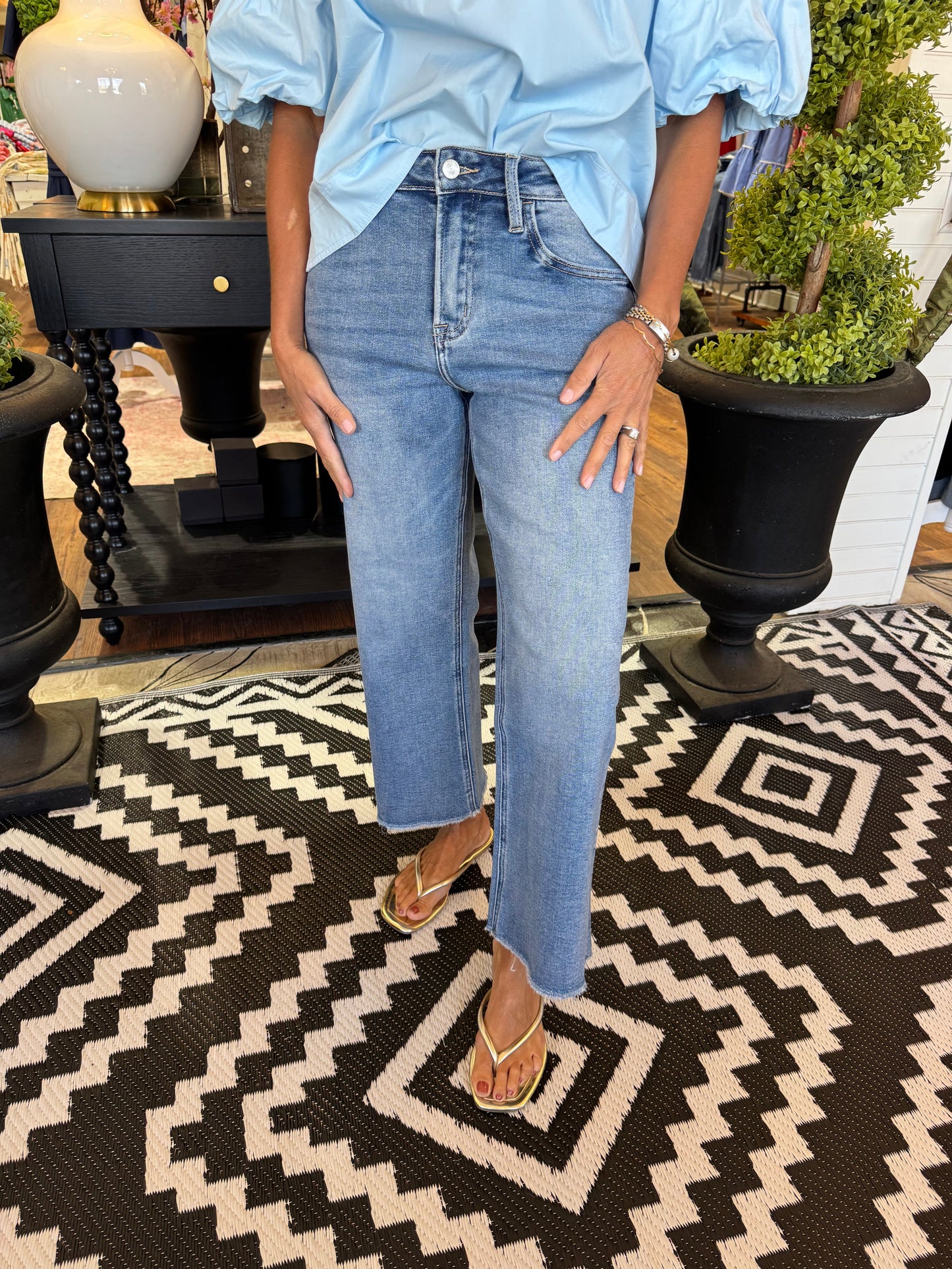 High Rise Raw Hem Slim Wide Jean - Sensationsal