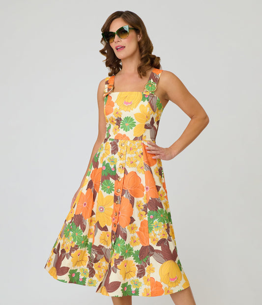 Unique Vintage Orange Floral Picnic Perfect Midi Dress