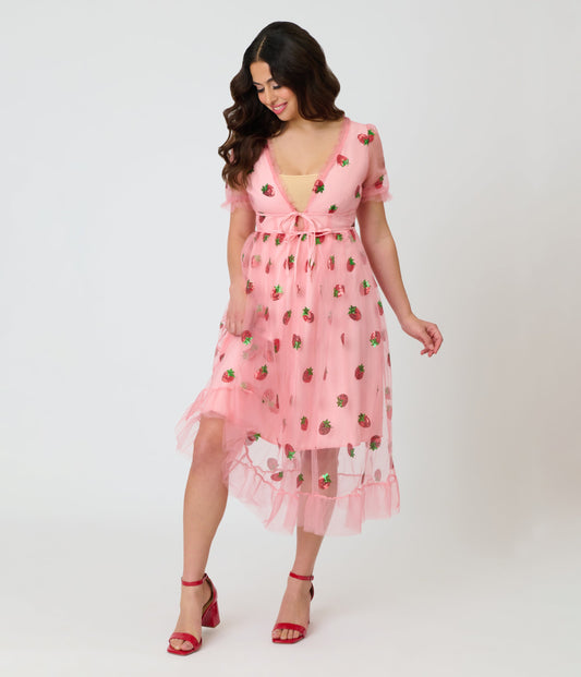 Pink Strawberry Sequin Mesh Midi Dress
