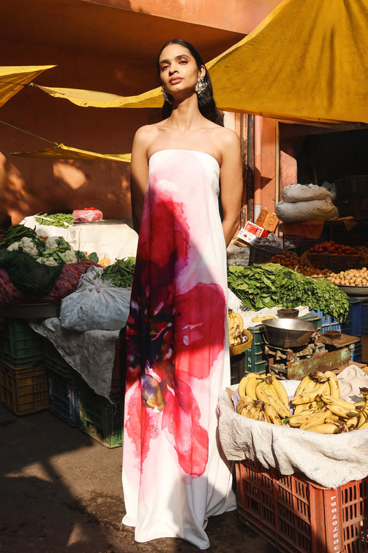 Breonna Bright Pink Floral Placement Print Bandeau Maxi Dress