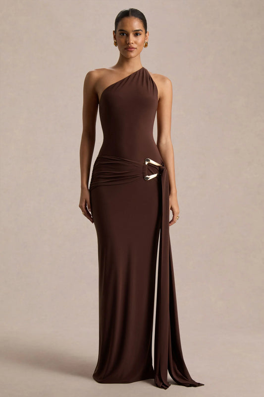 Bonnie Brown Asymmetric Neck Maxi Dress With Open Back