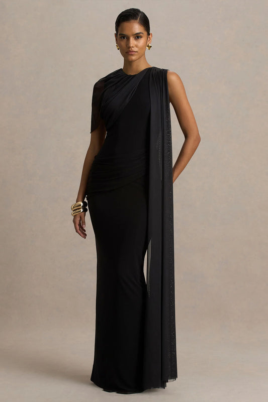 Brenda Black Crew Neck Maxi Dress With Mesh Cape And Sash