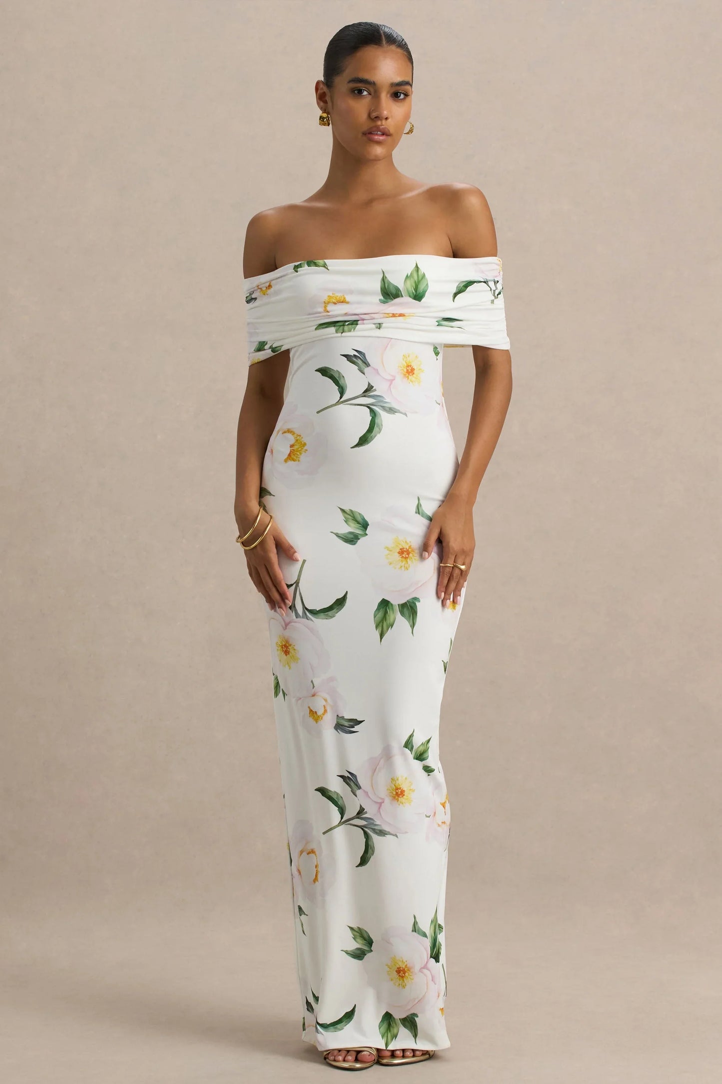 Capri White Rose Print Bardot Neck Maxi Dress With Ruched Detailing