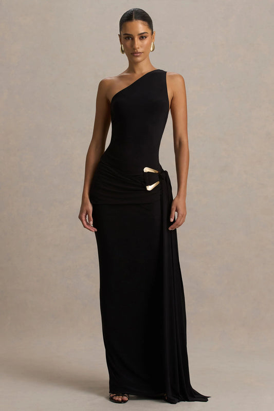 Bonnie Black Asymmetric Neck Maxi Dress With Open Back