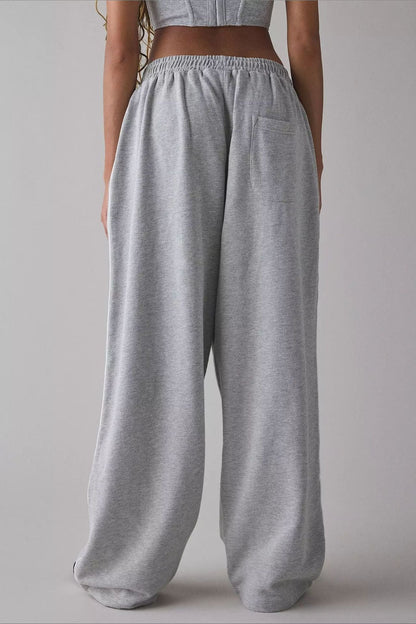 Embroidered Elastic Waist Loose Straight Pants