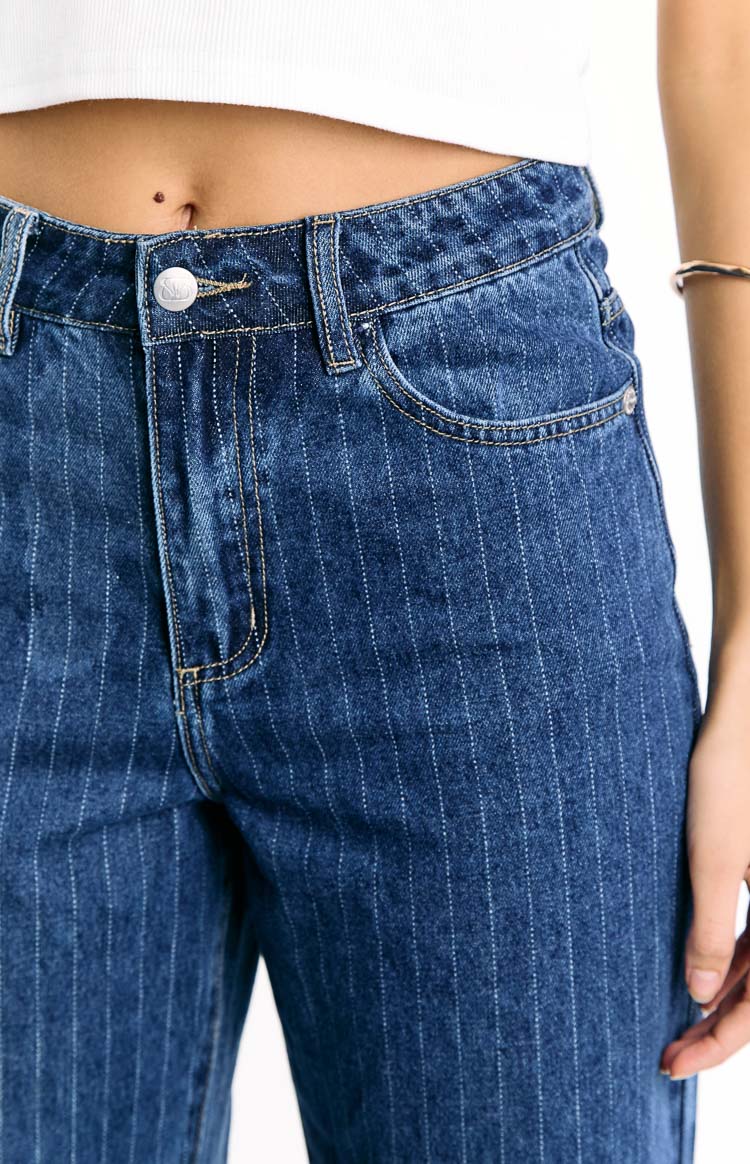 Calliope Pinstripe Mid Wash Mid Rise Slouchy Jeans