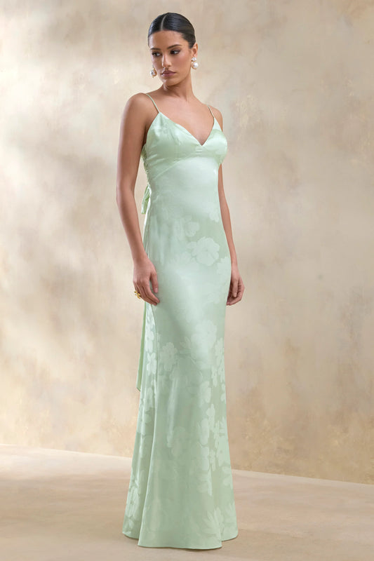 Carelle Green Satin Plunge Neck Maxi Dress With Asymmetric Drop Waist