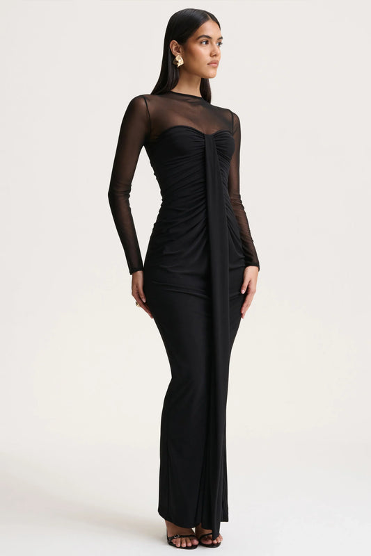 Cadenza Black Crew Neck Maxi Dress With Mesh And Gathered Detailing