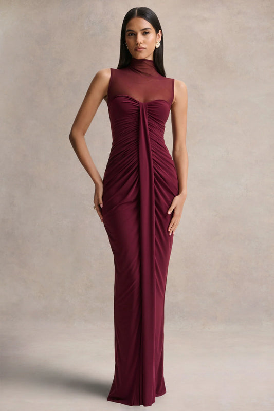 Brialle Burgundy High Neck Maxi Dress With Mesh And Gathered Detailing