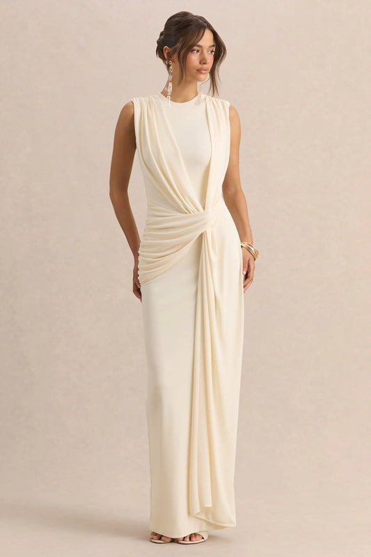 Blythia Cream Round Neck Maxi Dress With Gathered Detailing