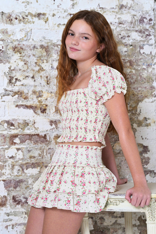TWEEN DOMINIQUE PRINTED SMOCKED WAIST RUFFLE SKORT - FINAL SALE