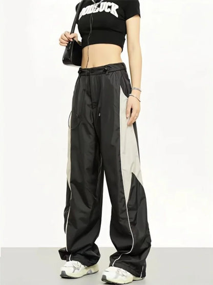 Vintage Patchwork Beige Sweatpants Retro Streetwear Wide Leg Baggy Pant