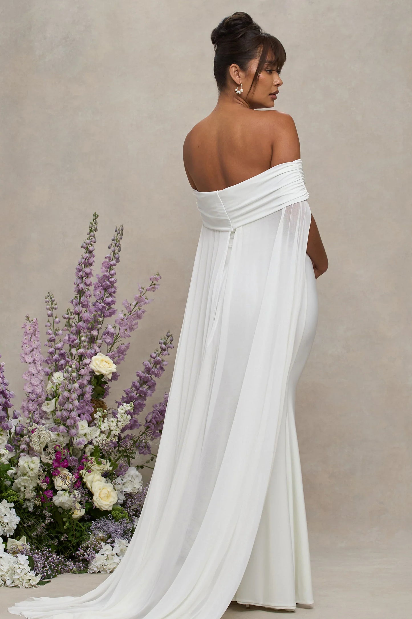 Carlotta White Bardot Maternity Maxi Dress With Chiffon Cape
