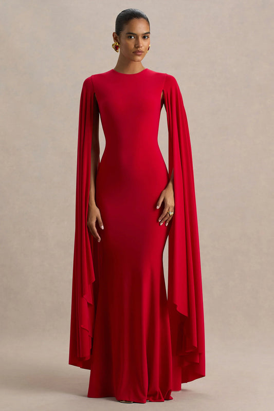 Briony Red Crew Neck Maxi Dress With Cape Sleeves