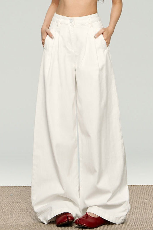 Ruched Textured White High Waist Wide Leg Pants