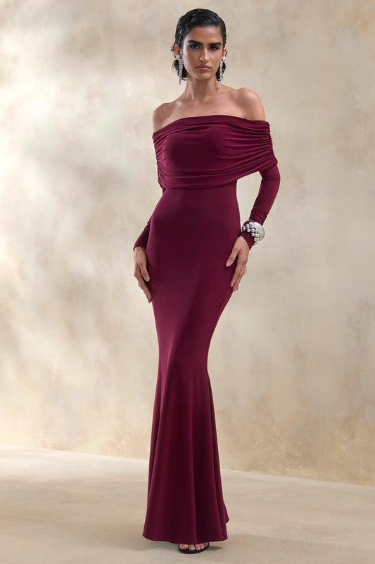 Brisea Burgundy Bardot Neck Maxi Dress