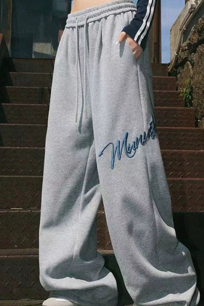 Embroidered Loose Wide Leg Cuffed Casual Pants