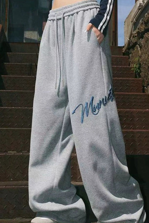 Embroidered Loose Wide Leg Cuffed Casual Pants