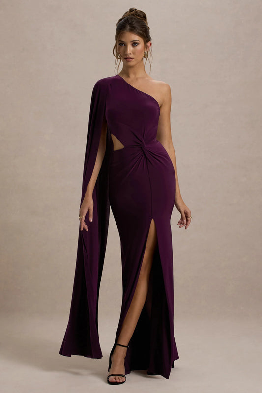 Brona Plum One Shoulder Cape Sleeve Split Maxi Dress