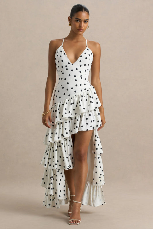 Bogota Polka Dot Plunge Neck Maxi Dress With Ruffling Details And Front High Split