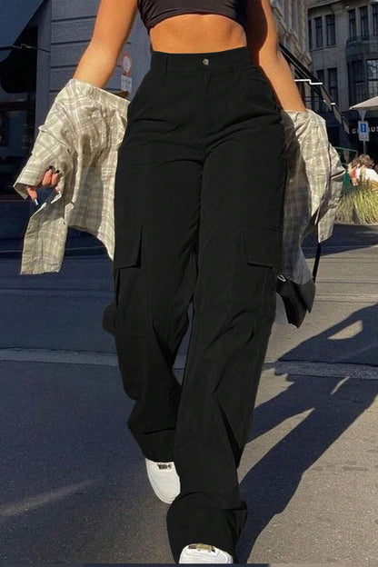 Street Style High Waist Multi Pocket Cargo Straight Loose Pants