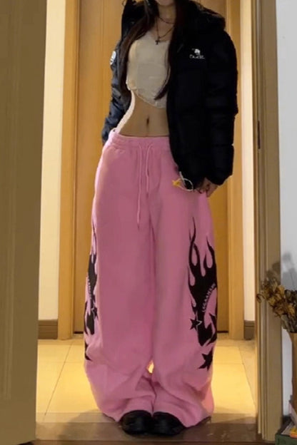 Flame Print Sherpa Drawstring Curved Leg Pants