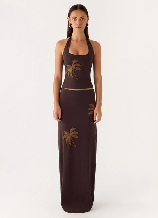 Brienne Beaded Maxi Skirt - Chocolate
