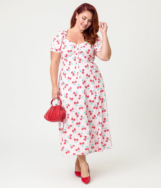 Disney Mickey & Friends Collection by Unique Vintage Plus Size Pink & Minnie Cherries Midi Dress