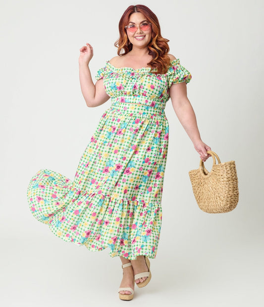 Disney Princess Collection by Unique Vintage Plus Size Green Gingham Tiered Midi Skirt
