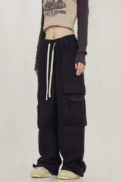 Street Style Loose Wide Leg Red Cargo Pants