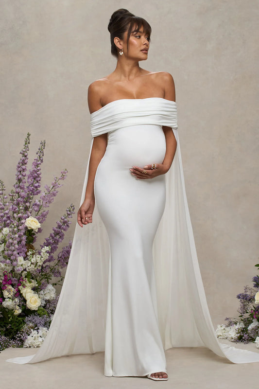 Carlotta White Bardot Maternity Maxi Dress With Chiffon Cape