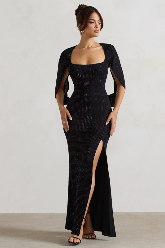 Broadway Black Embellished Fishtail Maxi Dress With Cape Sleeves