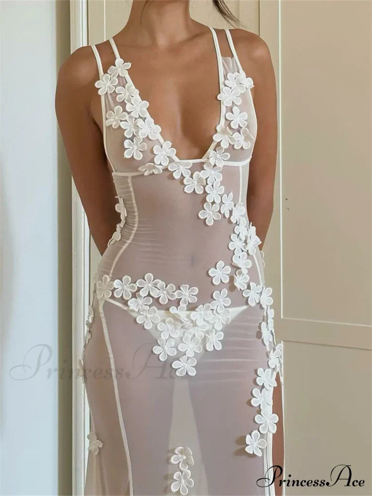 Flowers for Women Sexy Sleeveless Strap High Split Backless Mesh See Through Vestidos Party Clubwear