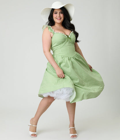 Unique Vintage Plus Size Green Gingham Sweetheart Flutter Sleeve Swing Dress
