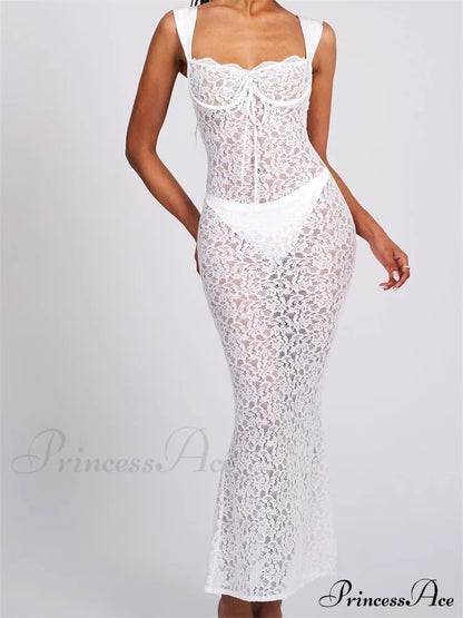 Sexy Women Lace Floral Sling Mesh See-Through Sleeveless Strap Low Cut Summer Backless Party Vestido