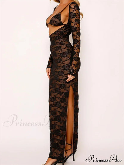 Sexy Women Lace Sleeve Low Cut Deep V-neck Party Club with Bra Summer High Split Vestidos
