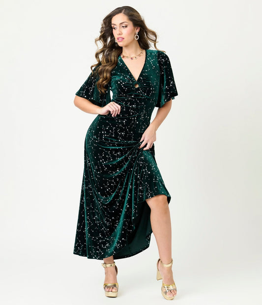 Smak Parlour Green Velvet Silver Stars Maxi Dress