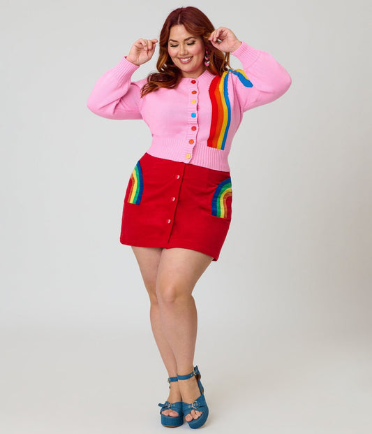 Smak Parlour Plus Size Red Corduroy & Rainbow Pockets Mini Skirt