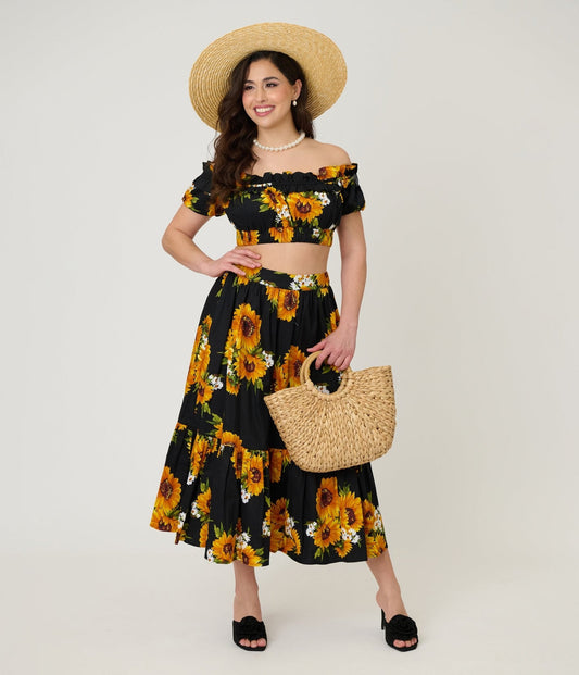 Unique Vintage Black Sunflower Tiered Midi Skirt