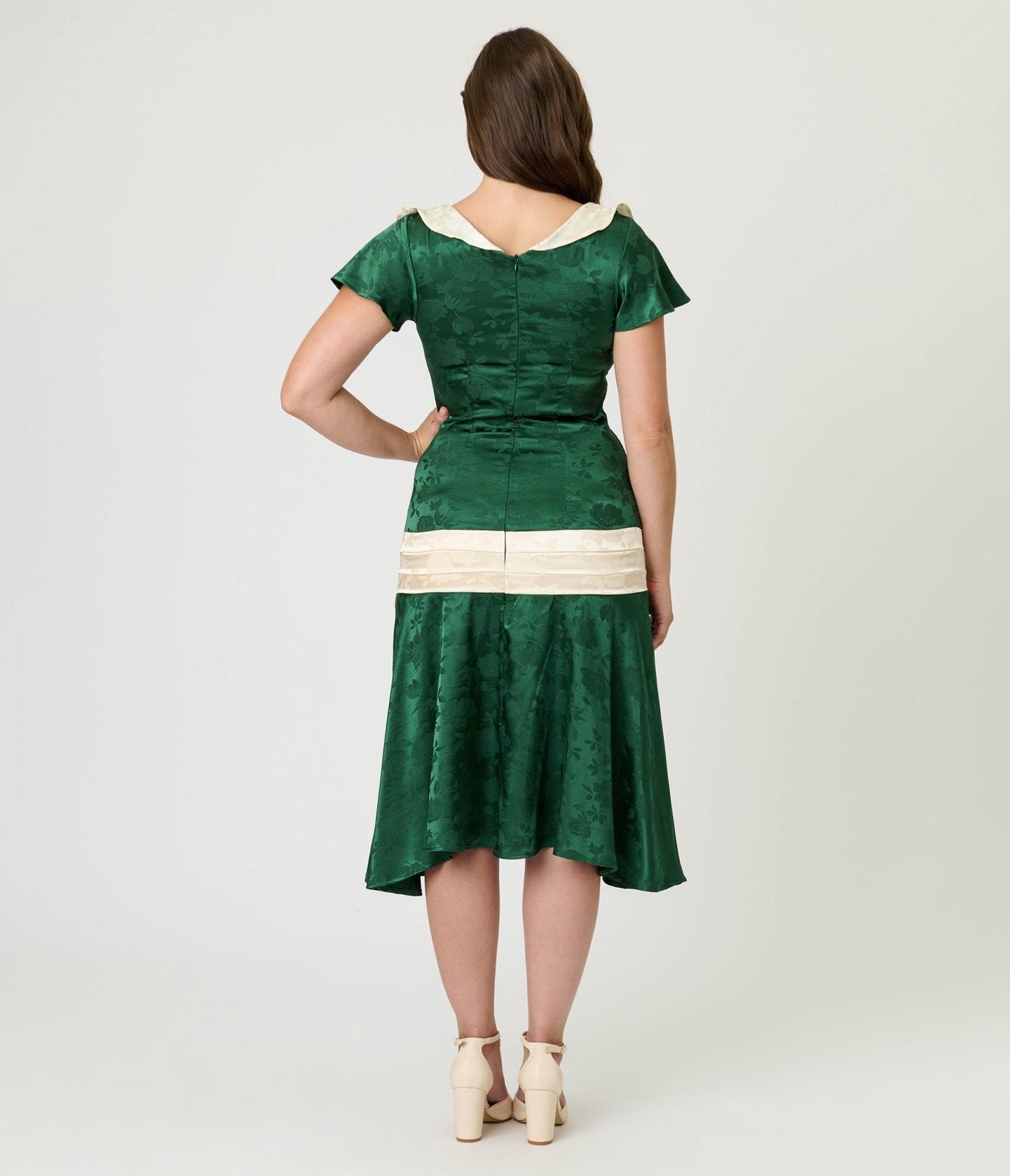 Unique Vintage Green Floral Jacquard Wilshire Flapper Dress
